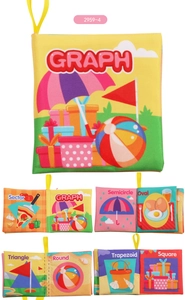 Detailed view of baby educational cloth book pages teaching shapes like square and circle