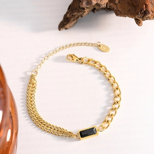 Chic 18K gold-plated double-layer chain bracelet with rectangle black zircon stone