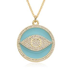 Golden necklace with a light blue enamel evil eye pendant set with white cubic zirconia