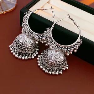 Vintage Jhumka Hoop Earrings Hollow Alloy Ethnic Bohemian Style Jewelry With Steel Earring Post For Women
