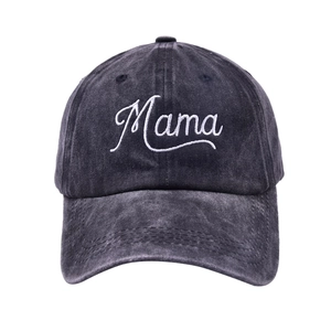 Detailed close-up of white Mama embroidery on a washed dark gray vintage baseball cap