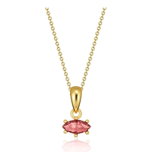 Detailed macro view of a marquise-cut pink gemstone pendant on a gold chain necklace