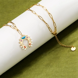 Horseshoe Pendant Necklace Stainless Steel Colorful Enamel Faux Artificial Pearl Paperclip Chain Fashion Jewelry For Women