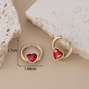 Gold hoop earrings with red heart gemstone, 1.7cm luxury stainless steel jewelry design