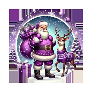 Detail of 3D purple Christmas snowman and Santa Claus wooden round hanging door sign