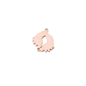 Mirror polished rose gold baby footprints pendant with double connector holes on white background