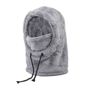 Detailed texture of thick grey plush integrated hood with adjustable drawstring for winter
