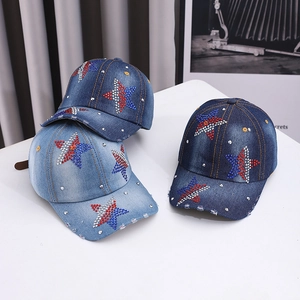 Strass Stern Denim Baseball Kappe Distressed Vintage Verstellbar Sonnenhut Für Damen Herren