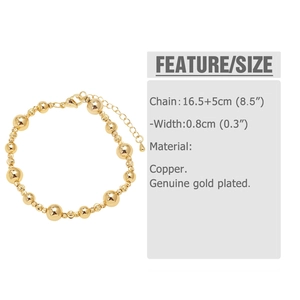 Detail view of 18k gold plated copper pearl bead bracelet with size specifications