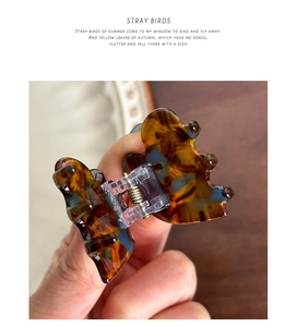 Close-up of tortoise shell butterfly hair claw clip held by hand showing detailed pattern
