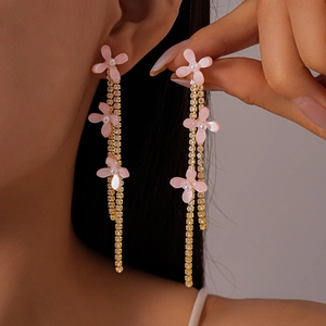 Pink resin flower drop earrings with shimmering zircon fringe and long tassel style