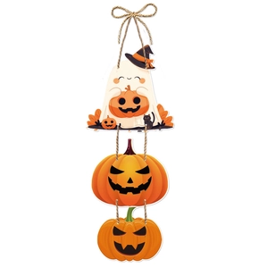 Halloween hanging door decoration featuring a ghost with wizard hat and pumpkin lanterns