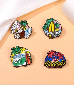 Set of 4 summer beach enamel pins featuring palm trees and surfboards on orange background