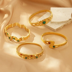 Vintage Gold Stainless Steel Open Cuff Bangle With Red Green Glass Stones Hollow Out Bohemian Carved Jewelry For Women