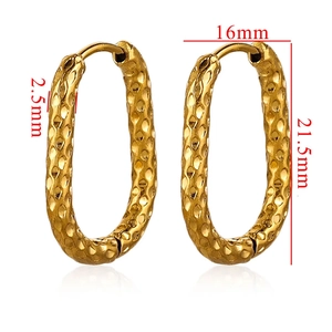 Detailed view of gold rectangular huggie earrings with textured finish and measurements