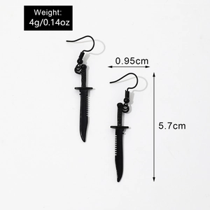 Detailed dimensions of black dagger earrings showing 5.7cm length and 4g weight