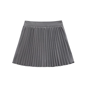 Versatile grey pleated mini skirt made of firm twill fabric, flat lay on white background