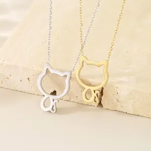 Minimalist Hollow Cat Pendant Necklace Stainless Steel Jewelry For Women Girls Birthday Gift