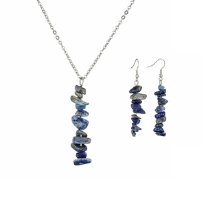 Detail showing natural blue and gray agate stone necklace with matching earrings set