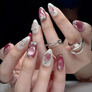 3D Bowknot Cat Eye Press On Nails Purple White Almond Shape Liquid Metal Effect Artificial False Nails For Women Party Decoration