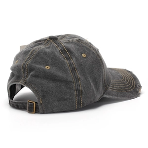 Washed dark gray denim baseball cap with distressed holes and yellow stitching details