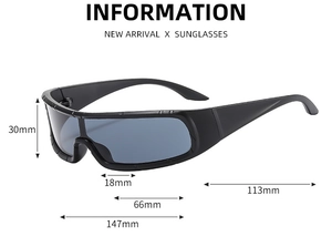 Detailed size information of black matte punk sports sunglasses with measurements