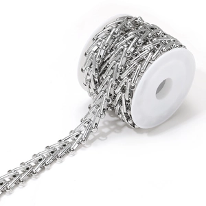 Macro view of silver stainless steel geometric flat chain on a white plastic spool