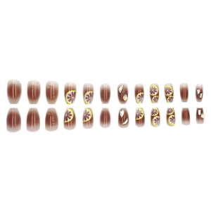 Brown gradient press-on nails with lemon prints, 3D water drops and gold rhinestones