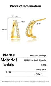 Detailed view of S925 silver gold-plated stud earrings with cz zircon and dimensions