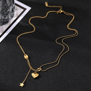 Minimalist double-layer S925 sterling silver heart and star pendant necklace in gold