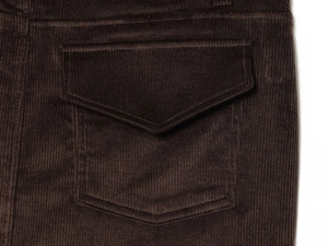 Close-up of a dark brown corduroy mini skirt featuring a functional flap pocket detail