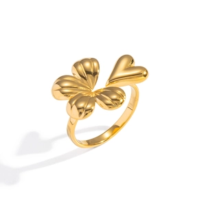 Polished gold stainless steel open ring featuring a floral petal and heart design
