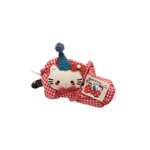 Cute Hello Kitty themed red plaid fabric hair clip with cartoon plush and blue party hat