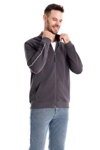 Detail of men's charcoal grey stand collar zip-up sweatshirt with ribbed cuffs and side pockets