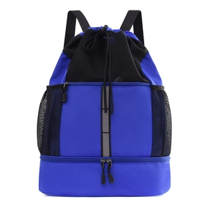 Zaino sportivo blu impermeabile con coulisse, striscia riflettente e scomparto per scarpe