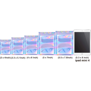 Holographic laser resealable bags in five sizes next to an iPad for scale comparison