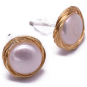 Handcrafted gold wire-wrapped pearl stud earrings with a vintage 925 silver minimalist design