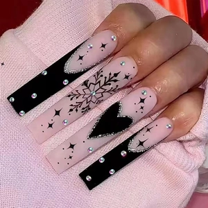 Faux Ongles À Presser Français Noir Rose Mats Strass Flocons De Neige Motifs Cœur Noël Hiver Forme Cercueil Plastique