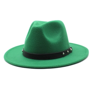 Detail of green wool fedora hat featuring black leather band with silver metal studs