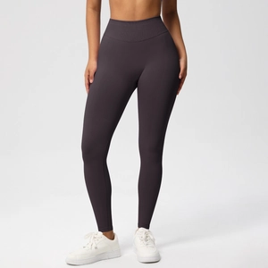 Close-up of high-waisted seamless yoga pants with moisture-wicking fabric and stretch