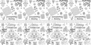 Detailed Christmas coloring paper roll with Merry Christmas text and holiday mazes