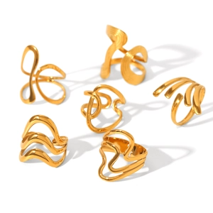 Set of six 18K gold plated stainless steel irregular wavy rings for women in gold finish