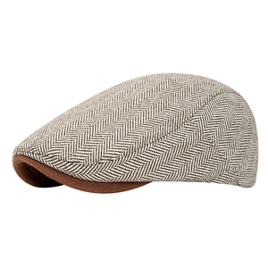 British style herringbone tweed newsboy cap with brown brim for men in autumn and winter