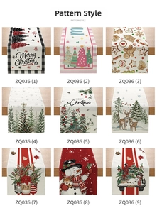 Collage of nine festive Christmas table runners with various holiday themed prints