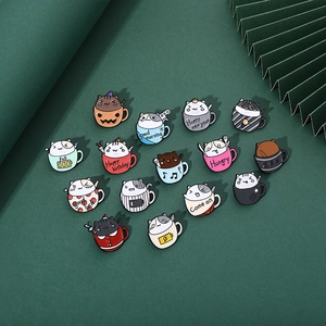 Detailed set of fifteen cute cat pins in coffee cups on a green background with paper fans