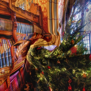 Detailed macro view of bohemian Christmas tapestry fabric with library and tree pattern