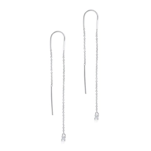 Macro detail of S925 sterling silver long chain earrings with sparkling crystals