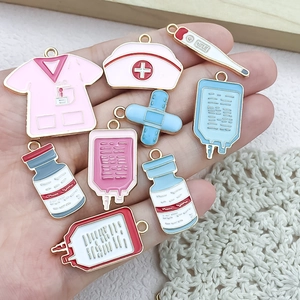 Set of 9 medical enamel charms with nurse uniform, hat, and thermometer for DIY jewelry