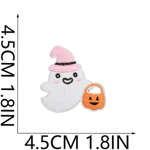 Ghost embroidery patch with pumpkin basket and pink hat measuring 4.5cm by 4.5cm