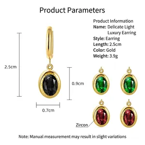 Vintage oval zircon drop earrings in gold with black, green and red gems, 2.5cm length